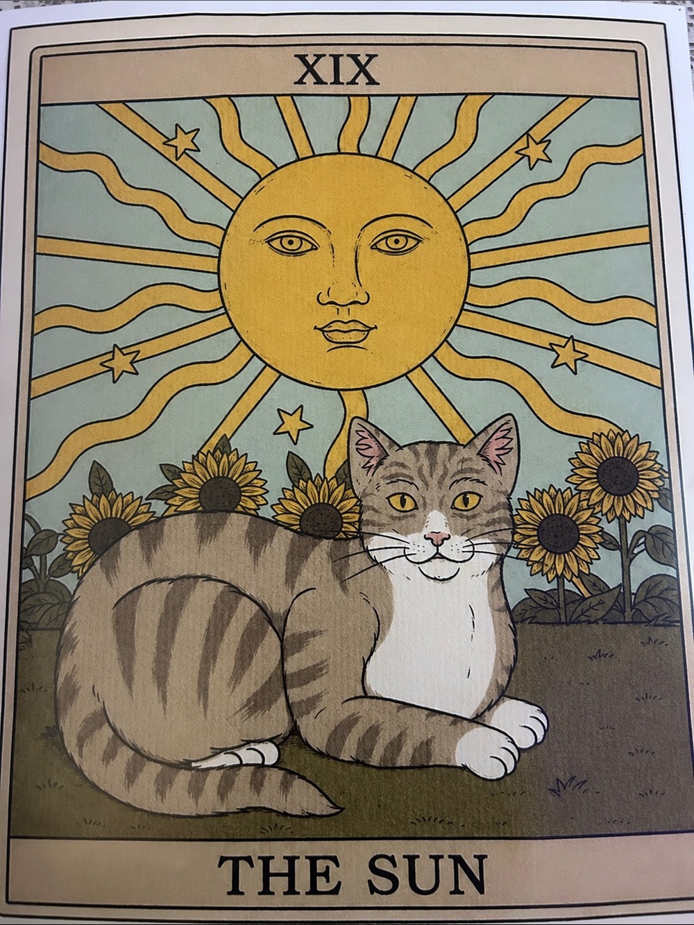 16 x 20 The Sun Cat Tarot Art Print - Brown & Yellow
